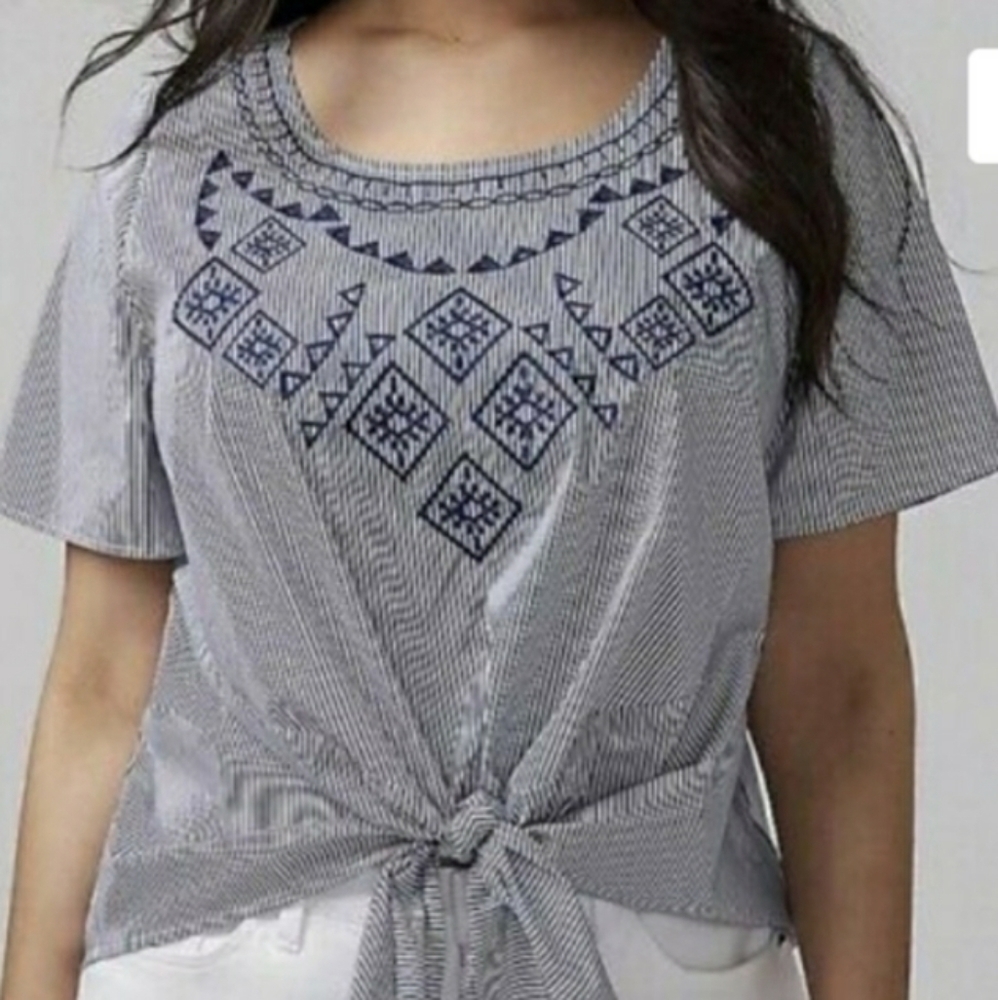 Lane Bryant Embroidered Tie-Front Pinstriped Back Button Boxy Blue White Shirt - Picture 14 of 15